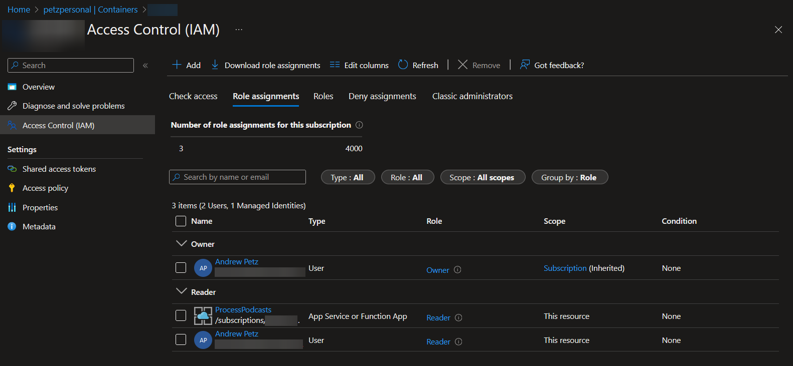 Screenshot of the Azure Blob Storage role assignments screen, showing that the only access allowed for this container is for my admin account and the ProcessPodcasts Azure Function