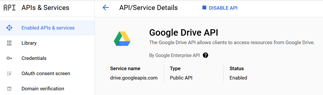 Picture of the Google API/Service Details page, with the Google Drive API showing as enabled