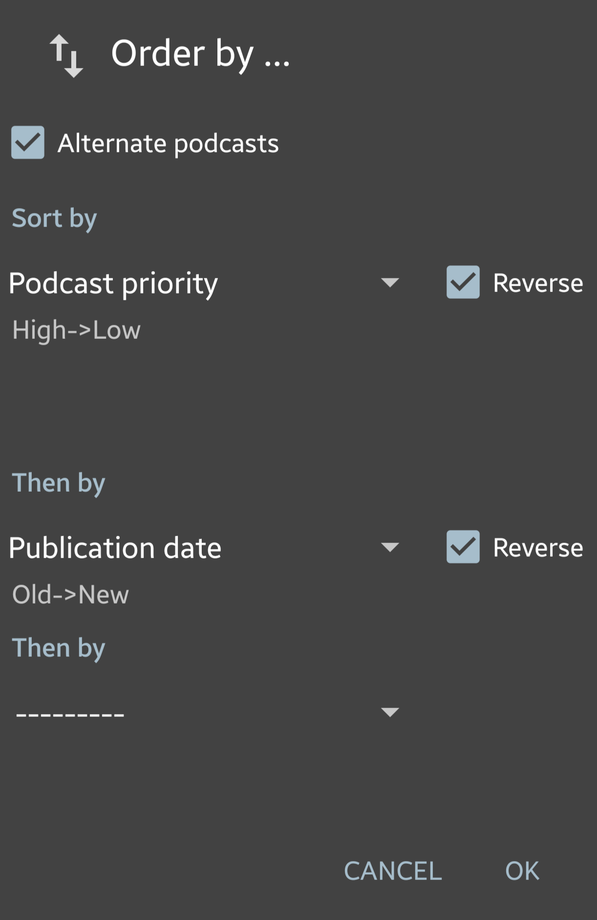 Screenshot of Podcast Addict on my Android, showing the custom Order By settings. From top to bottom: alternate podcasts is checked, podcast priority is set from high to low, then by is set to publication date from old to new.