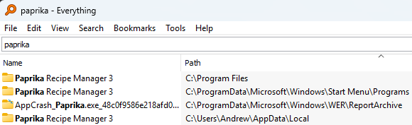 Screenshot of the Everything app for Windows, showing the Paprika database file.